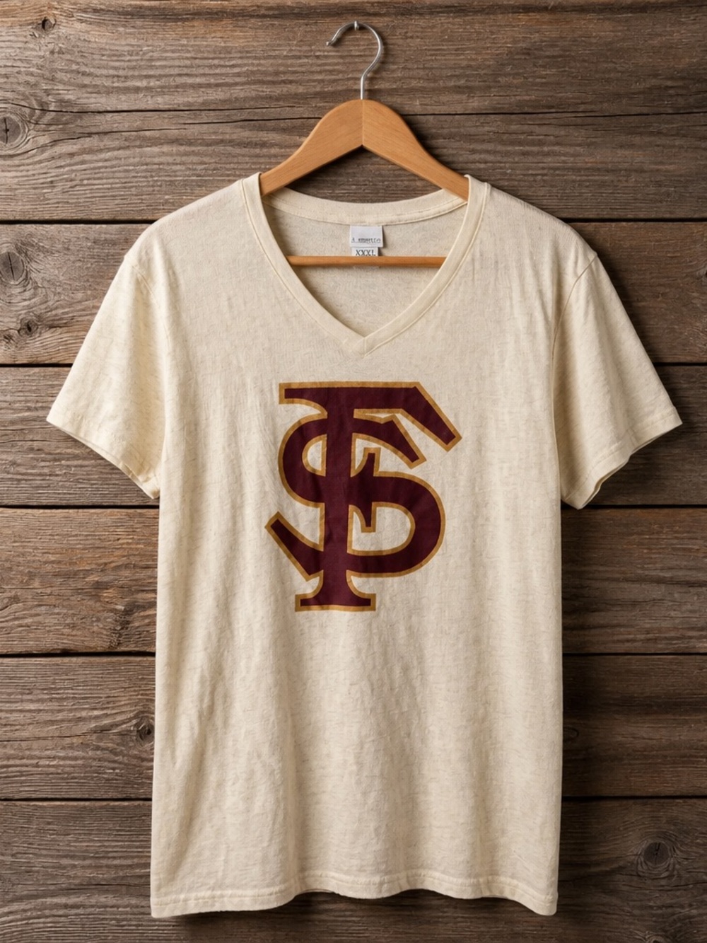 J. America Cream V-Neck Tee with Maroon and Gold Logo